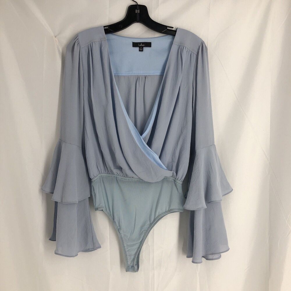Lulus Bodysuit Women Small PowderBlue Deep V Neck Slit Sleeve Snap Closure Thong